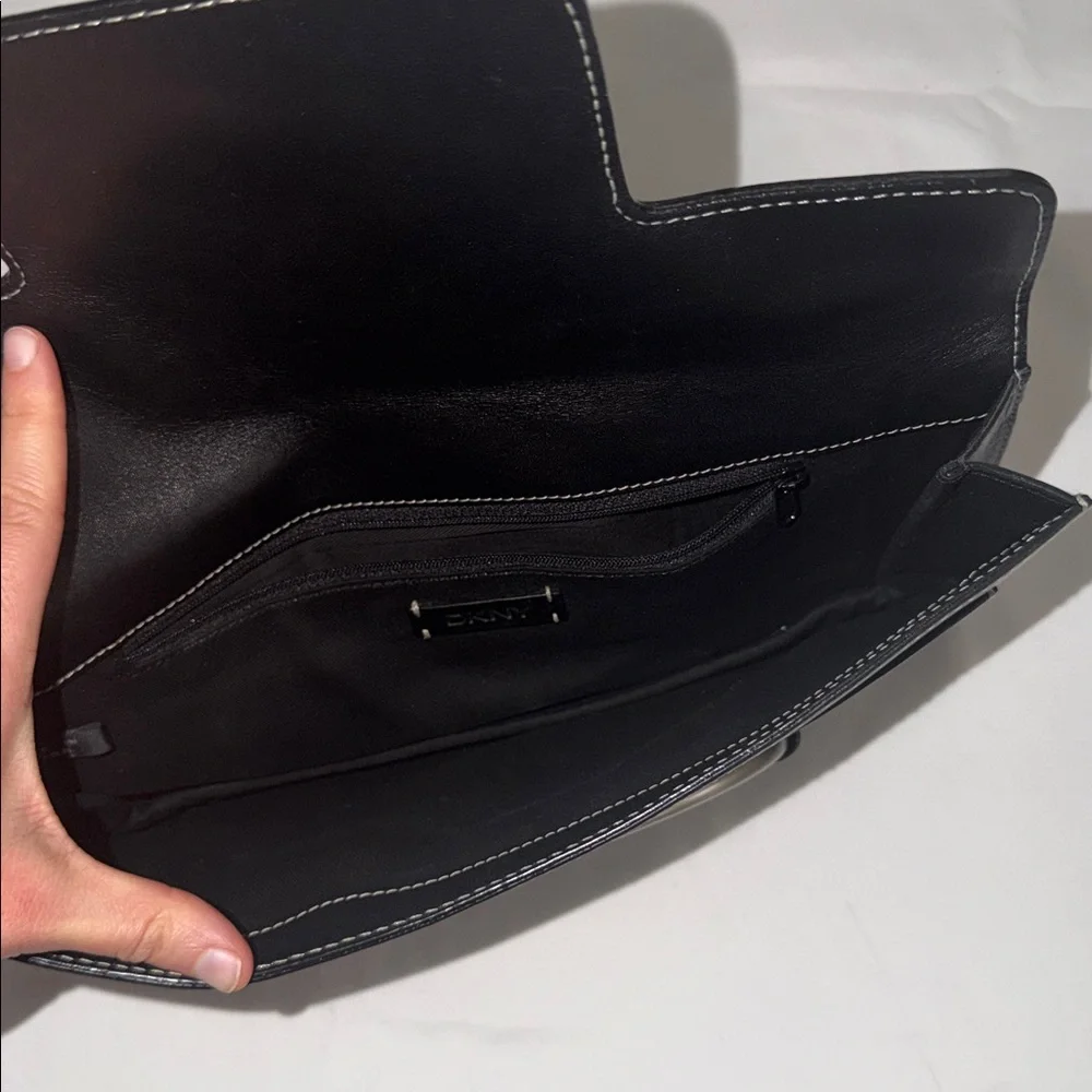 DKNY Black Leather Silver Buckle Minimal Envelope Style Clutch